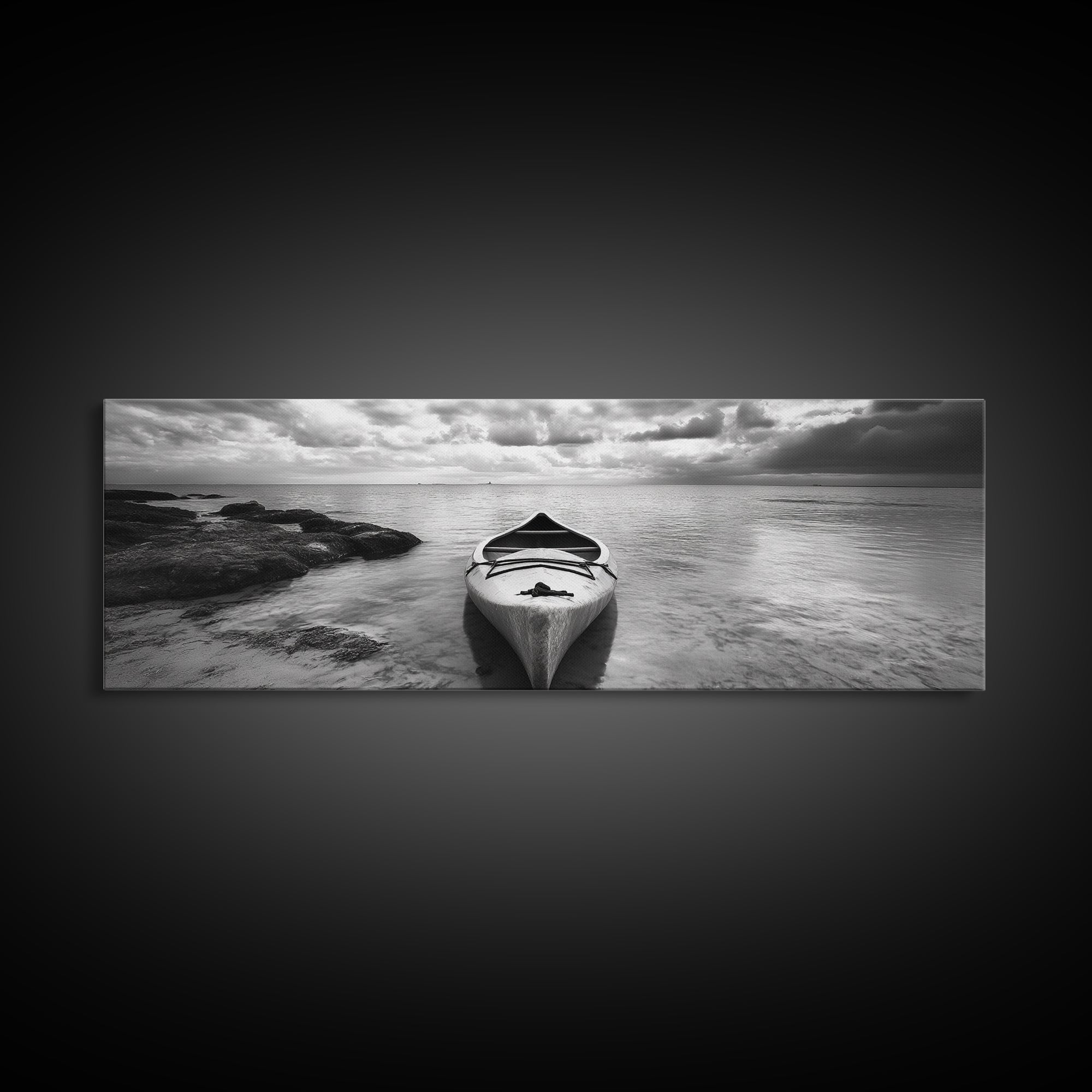 Canoe at Shore, Calm Waters, Peaceful Escape, Framed Canvas Print, Adventure art, Lakehouse decor, Hallway wall piece, Monochrome nature