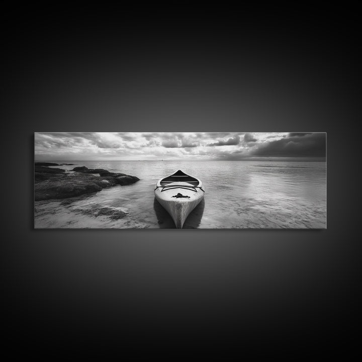 Canoe at Shore, Calm Waters, Peaceful Escape, Framed Canvas Print, Adventure art, Lakehouse decor, Hallway wall piece, Monochrome nature