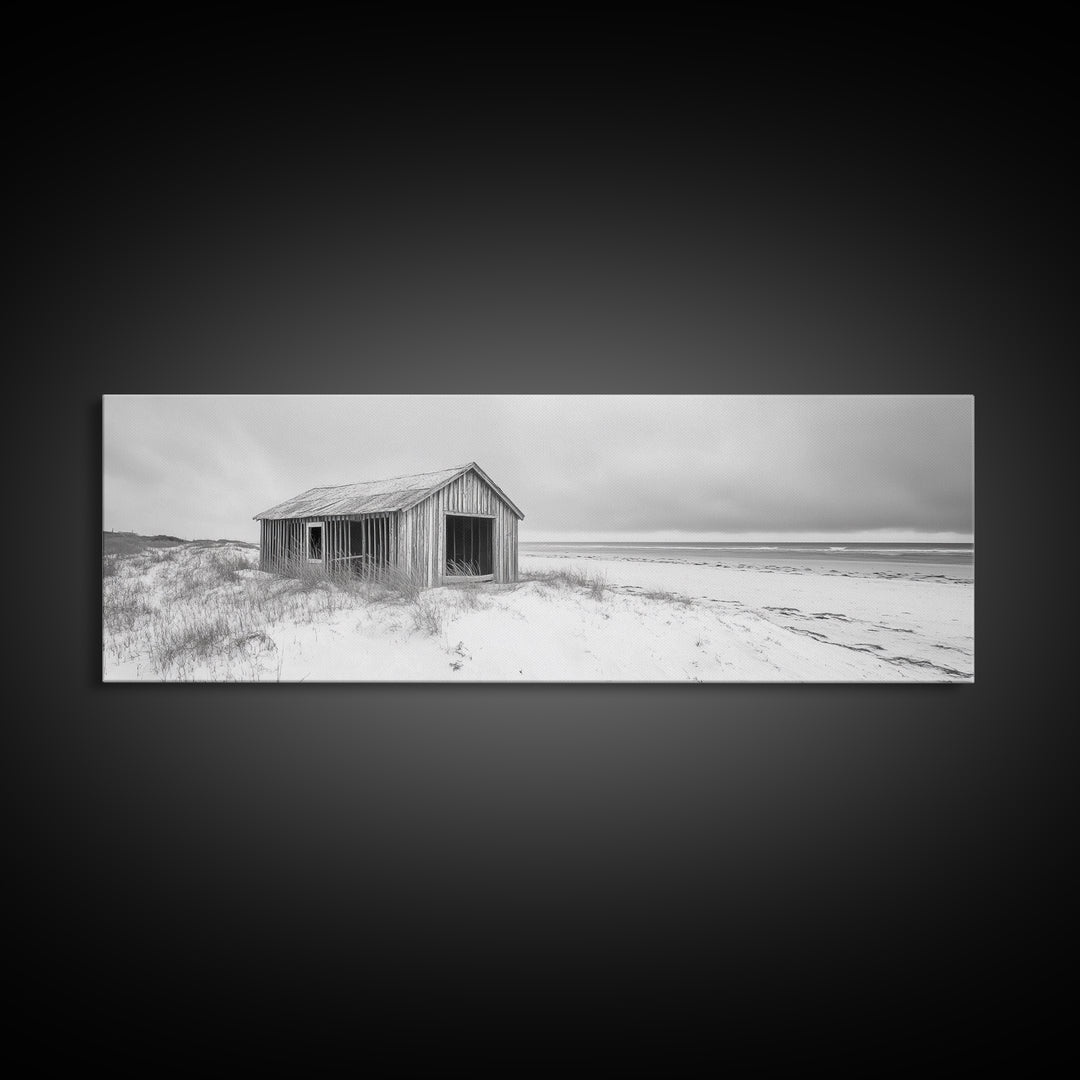 Abandoned Shack, Coastal Ruin, Weathered Barn, Ocean Horizon, Framed Canvas Print, Rustic Wall Art, Fall Decor, Minimal Seaside Aesthetic