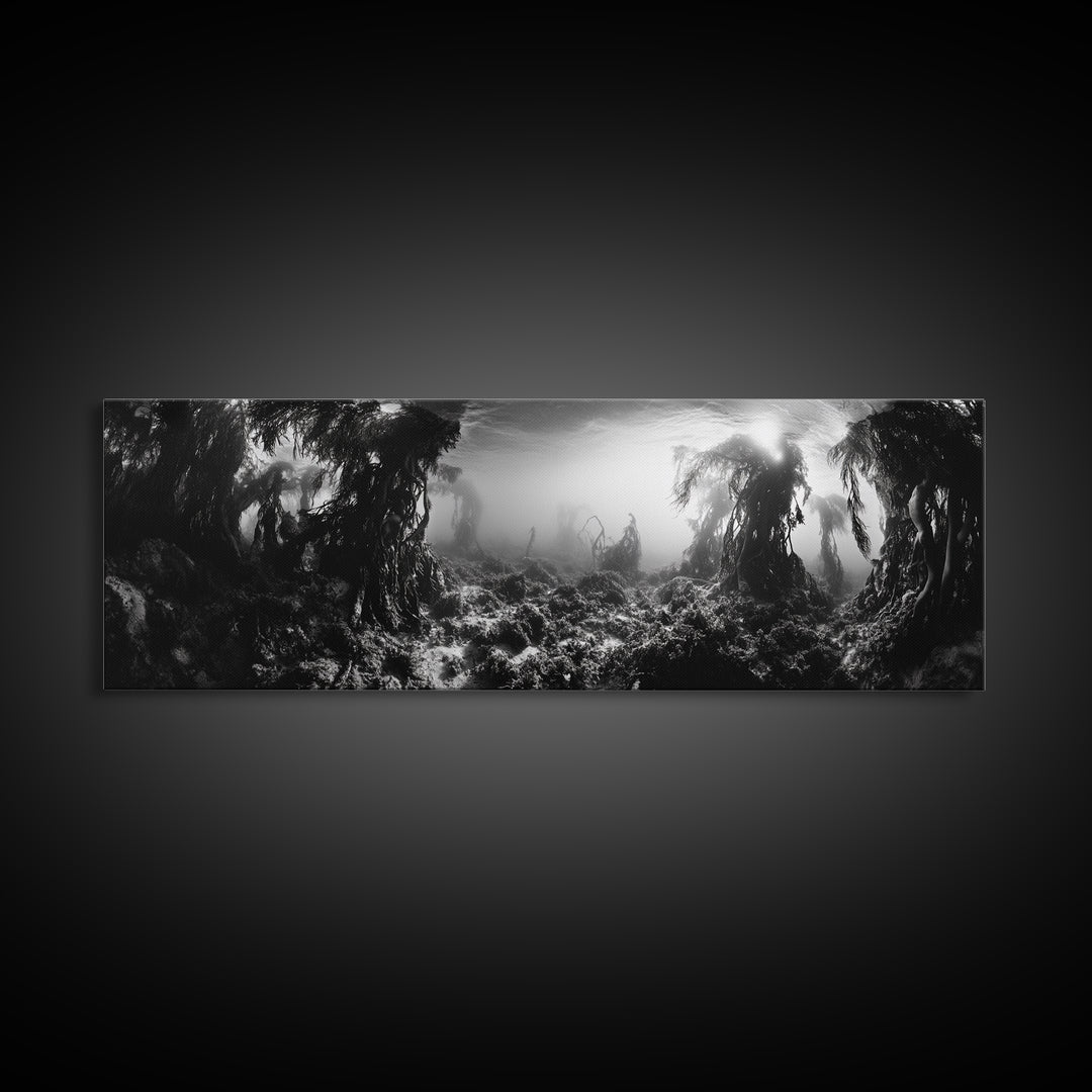 Kelp Forest, Underwater Magic, Ocean Depths, Framed Canvas Print, Marine nature photography, Bathroom wall decor, Moody coastal aesthetic