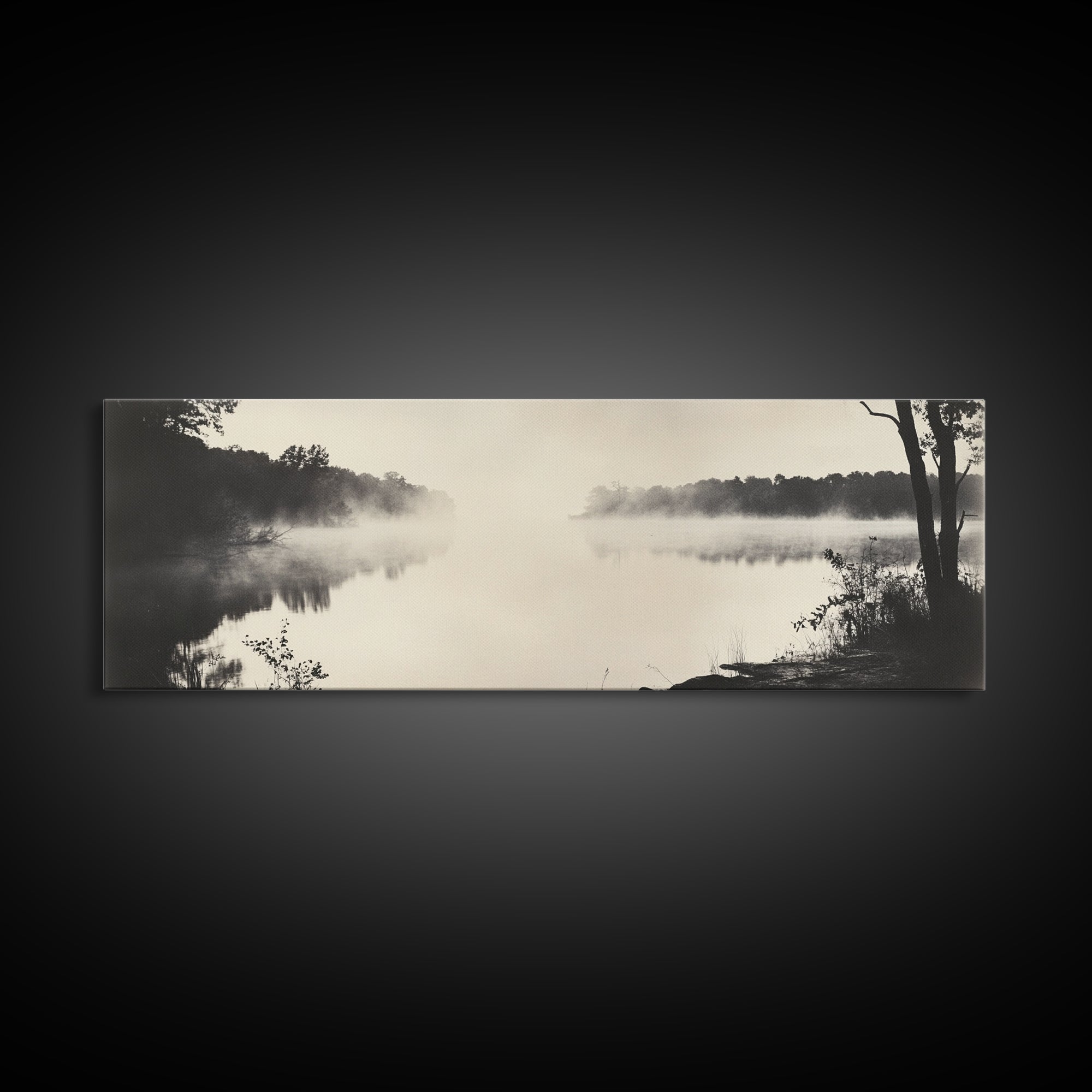 Misty River, Forest Reflection, Black and White Nature, Framed Canvas Print, Tranquil Decor, Bedroom Wall Art, Moody Minimalist Art