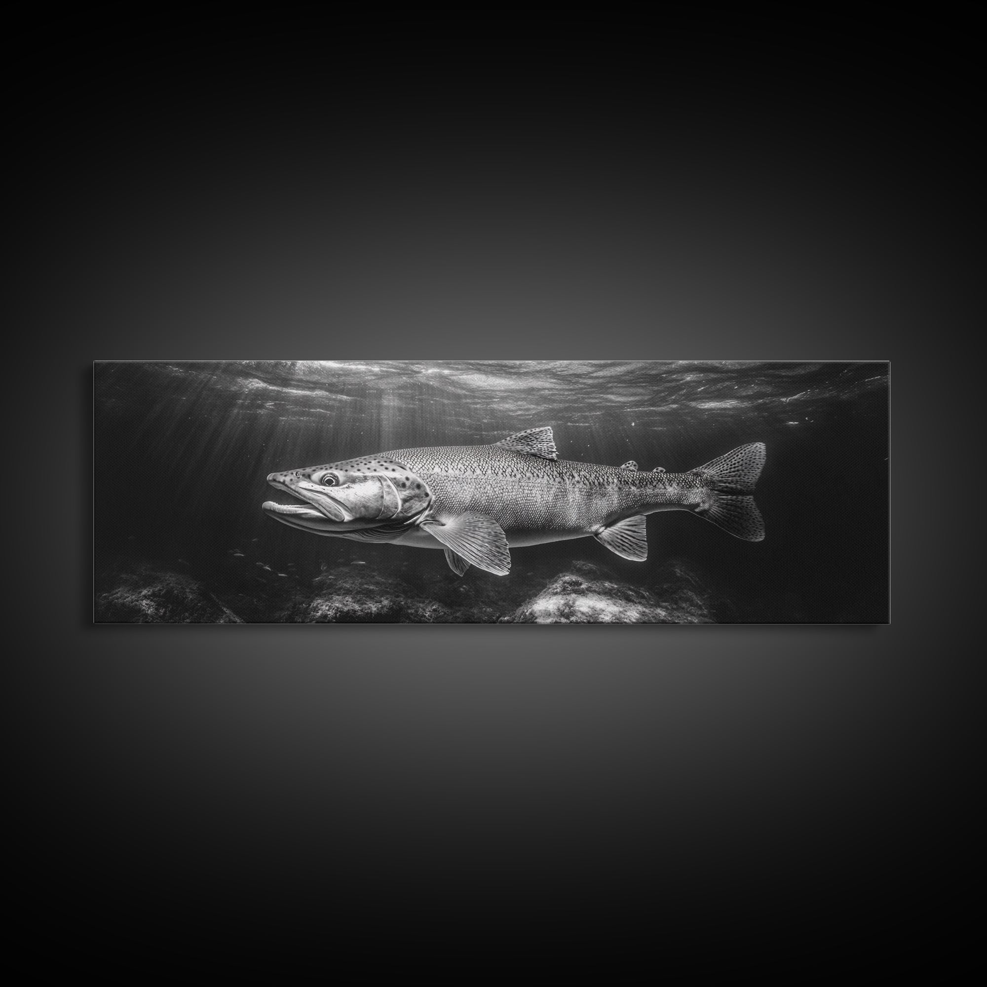 Underwater Fish, Lake Trout, Black and White Ocean, Framed Canvas Print, Coastal Bathroom Art, Fisherman Gift, Nautical Wall Decor