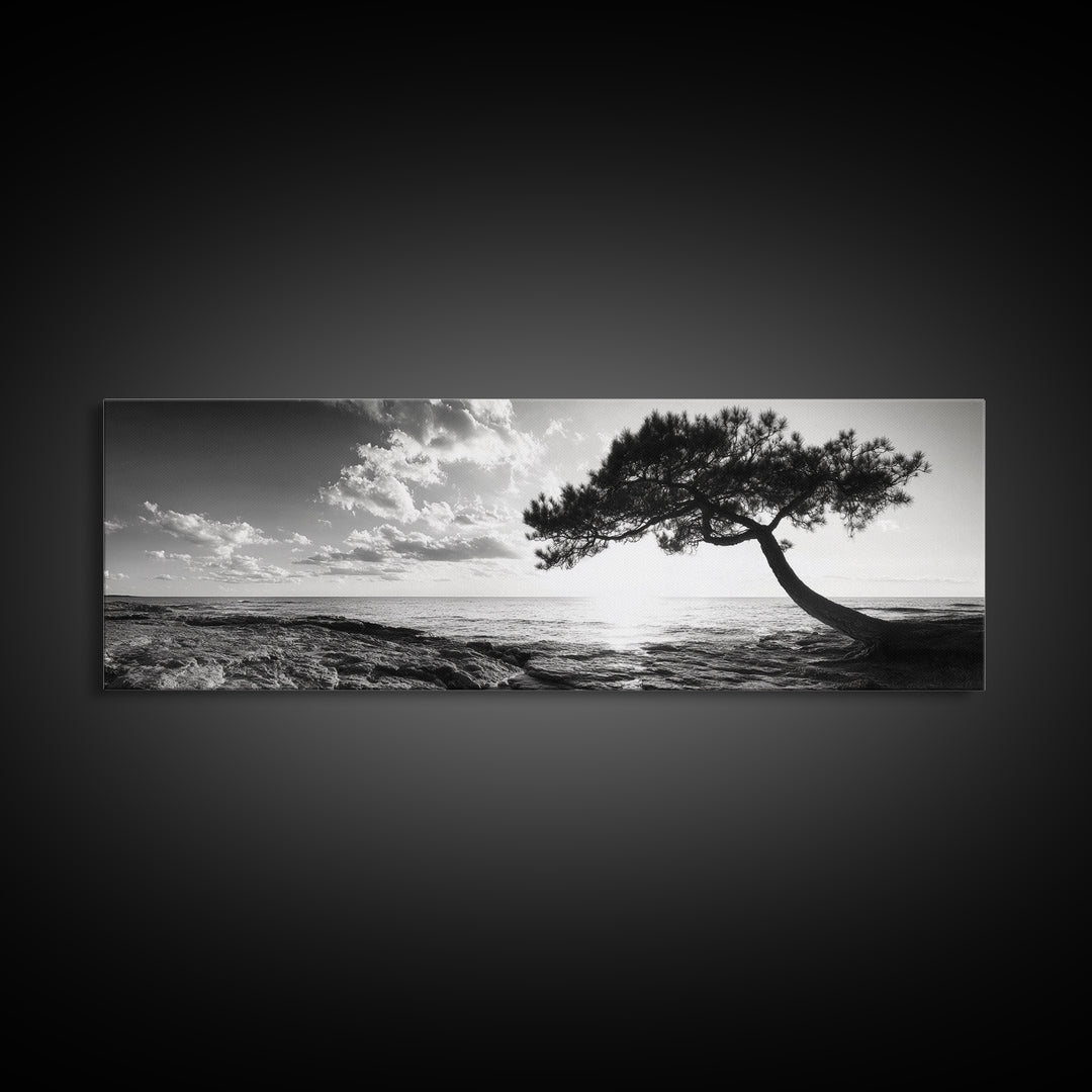 Lone Tree, Coastal Sunset, Ocean Horizon, Framed Canvas Print, Tranquil Landscape Art, Meditation Room Wall Art, Nature Zen Decor