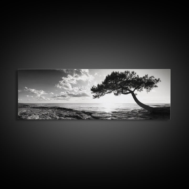 Lone Tree, Coastal Sunset, Ocean Horizon, Framed Canvas Print, Tranquil Landscape Art, Meditation Room Wall Art, Nature Zen Decor
