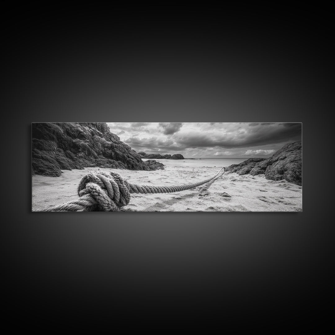 Nautical Rope Shore, Moody Ocean Rocks, Coastal Minimalist, Framed Canvas Print, Entryway Wall Art, Rustic Nautical Decor, Lakehouse Wall Art