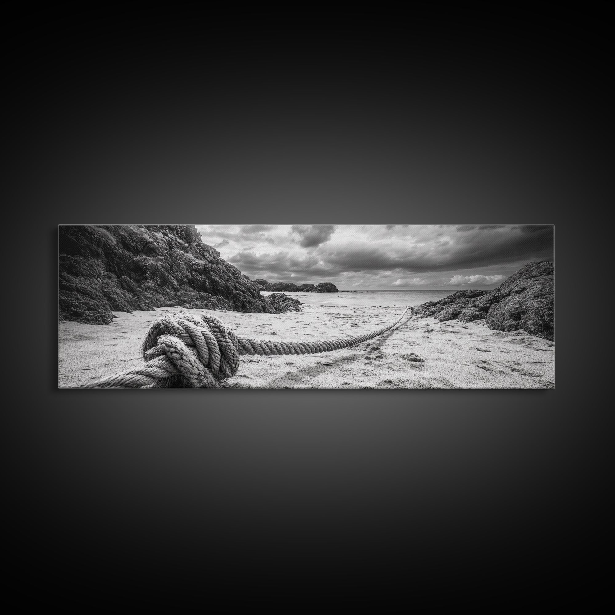 Nautical Rope Shore, Moody Ocean Rocks, Coastal Minimalist, Framed Canvas Print, Entryway Wall Art, Rustic Nautical Decor, Lakehouse Wall Art