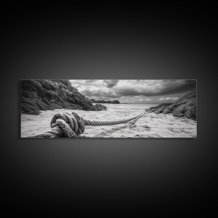 Nautical Rope Shore, Moody Ocean Rocks, Coastal Minimalist, Framed Canvas Print, Entryway Wall Art, Rustic Nautical Decor, Lakehouse Wall Art