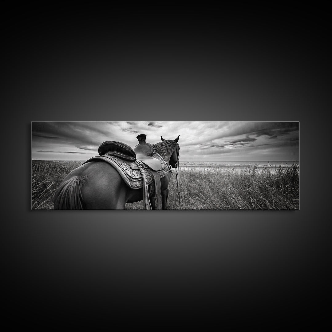 Western Horse Beach, Saddle Detail Horizon, Equestrian Art, Framed Canvas Print, Farmhouse Wall Art, Cowboy Country Decor