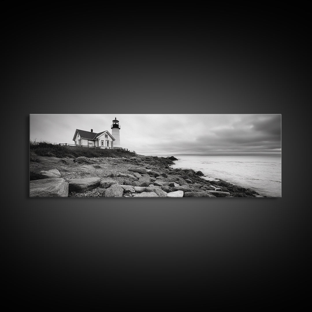 Classic Lighthouse Shore, Rocky Coastline Fog, Seaside Charm, Framed Canvas Print, Office Wall Art, New England Coastal Decor