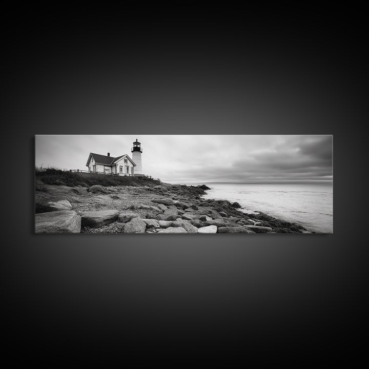 Classic Lighthouse Shore, Rocky Coastline Fog, Seaside Charm, Framed Canvas Print, Office Wall Art, New England Coastal Decor