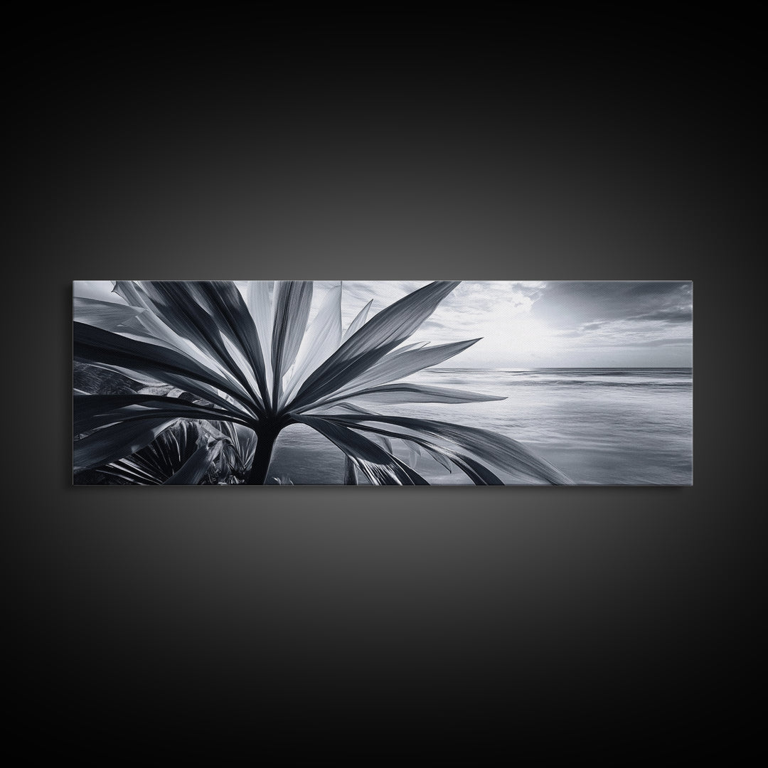 Tropical Leaf Closeup, Ocean Horizon Sunset, Botanical Beach, Framed Canvas Print, Kitchen Wall Art, Coastal Jungle Decor, Rustic Lakehouse Decor