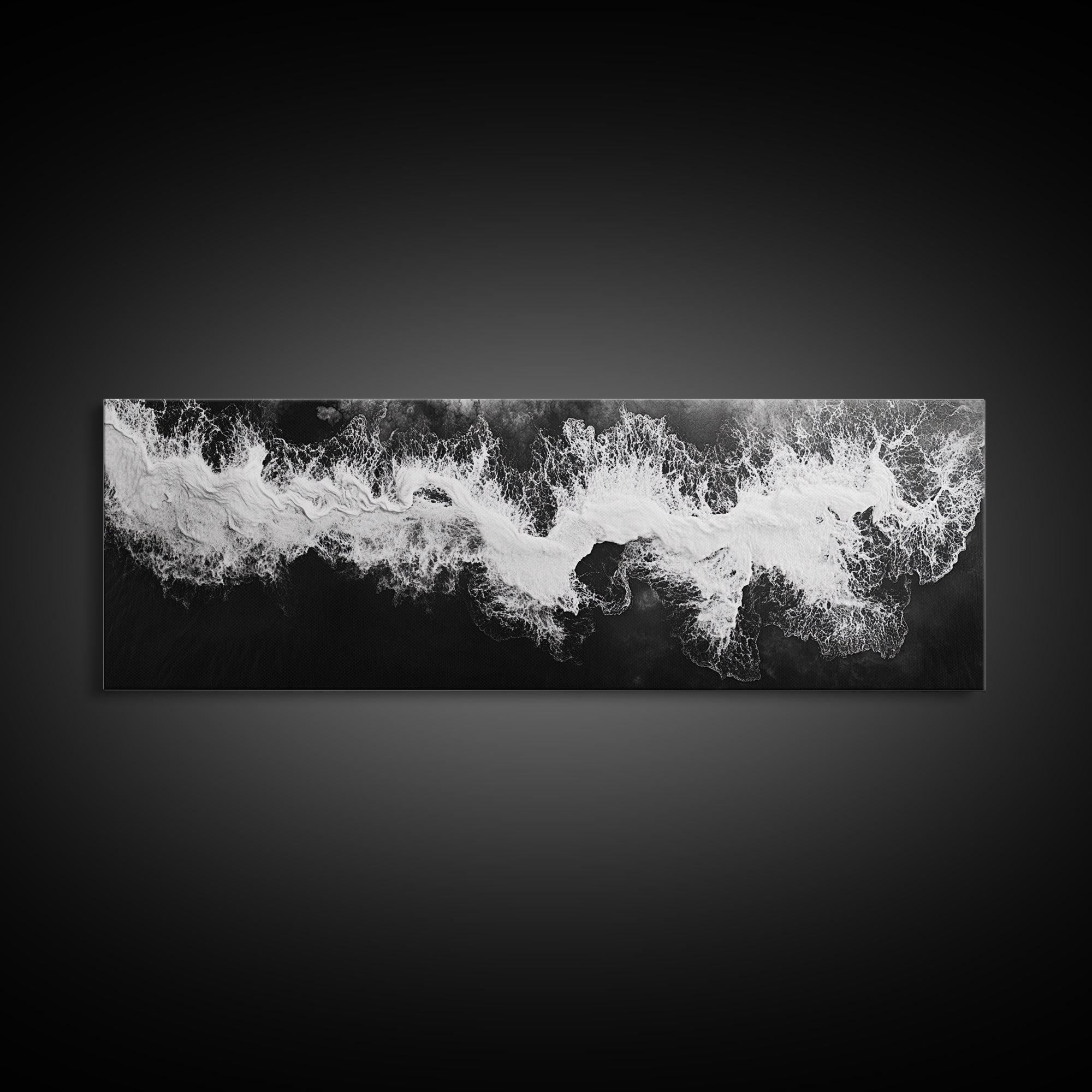 Ocean Wave, Aerial Surf, Coastal Abstract, Monochrome Motion, Framed Canvas Print, Modern Bathroom Art, Minimalist Art, Black and White Decor