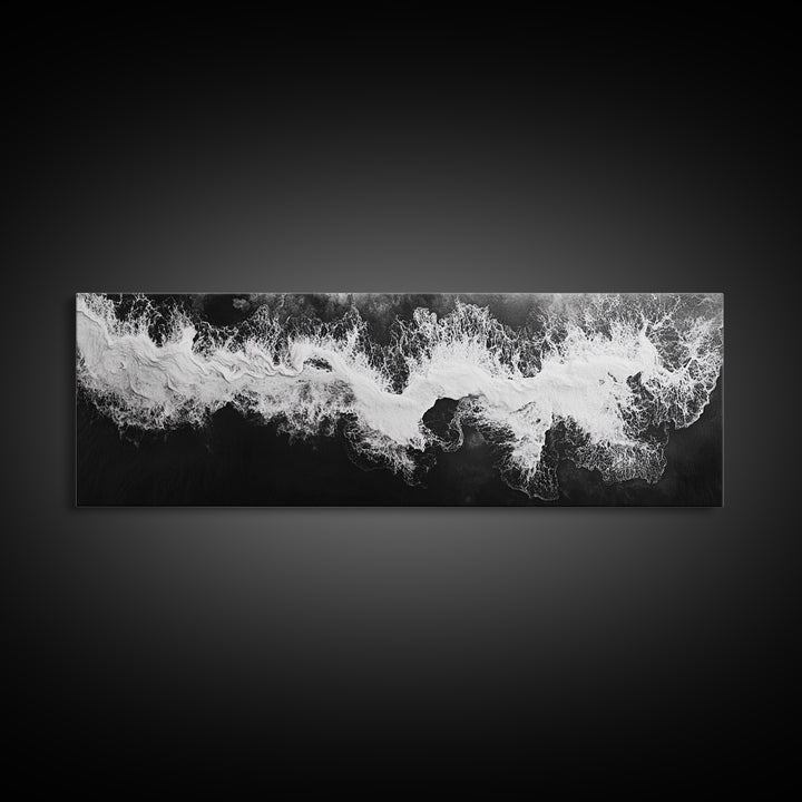 Ocean Wave, Aerial Surf, Coastal Abstract, Monochrome Motion, Framed Canvas Print, Modern Bathroom Art, Minimalist Art, Black and White Decor