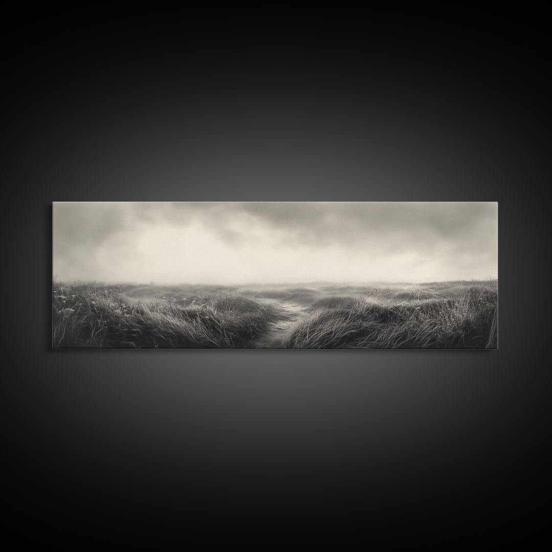 Foggy Path, Coastal Field, Silent Morning, Canvas Print, Neutral Bedroom Art, Scandinavian Style, Minimal Fall Wall Decor
