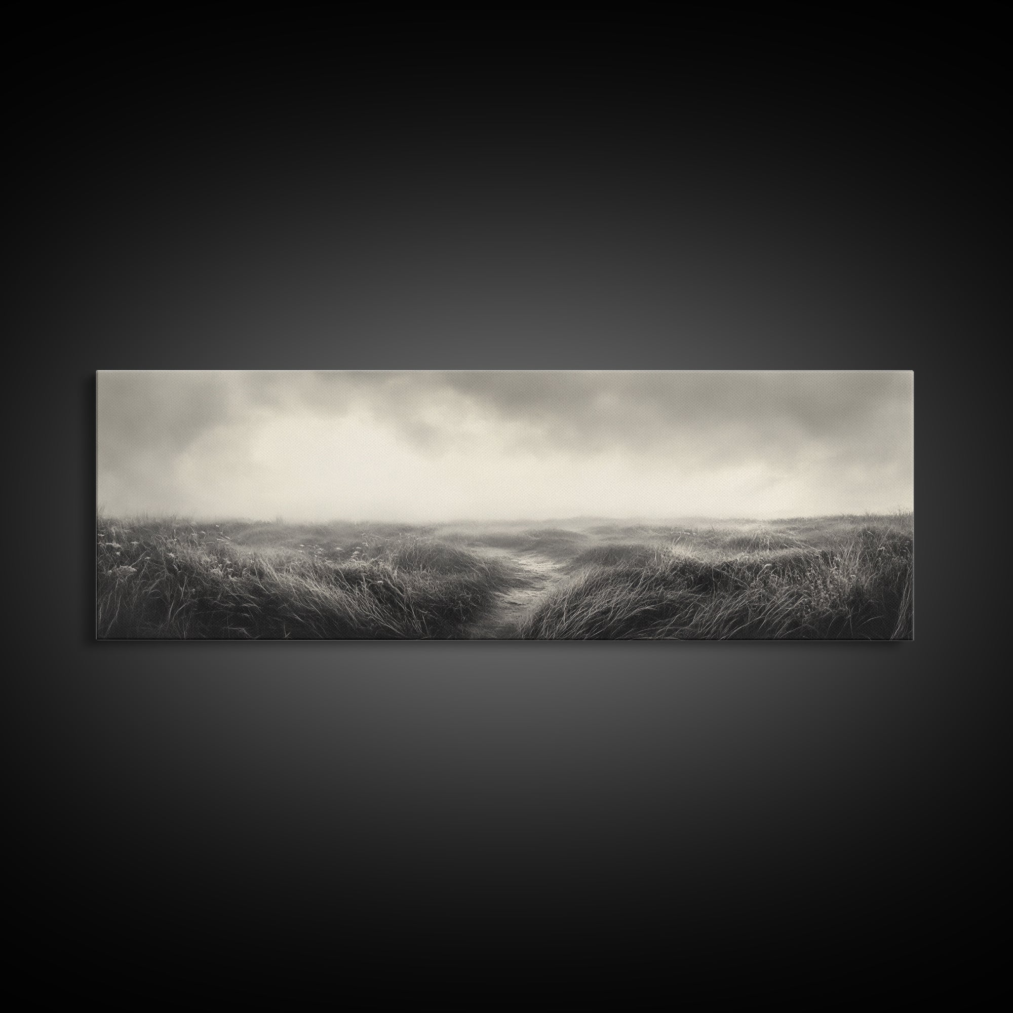 Foggy Path, Coastal Field, Silent Morning, Canvas Print, Neutral Bedroom Art, Scandinavian Style, Minimal Fall Wall Decor
