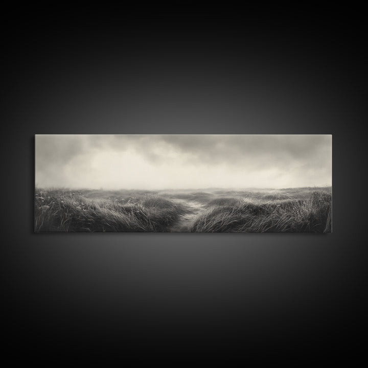 Foggy Path, Coastal Field, Silent Morning, Canvas Print, Neutral Bedroom Art, Scandinavian Style, Minimal Fall Wall Decor