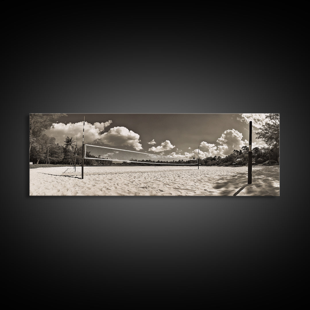 Beach Volleyball, Sand Court, Summer Fun, Tropical Clouds, Framed Canvas Print, Sports Room Wall Art, Coastal Decor, Sepia Beach Art