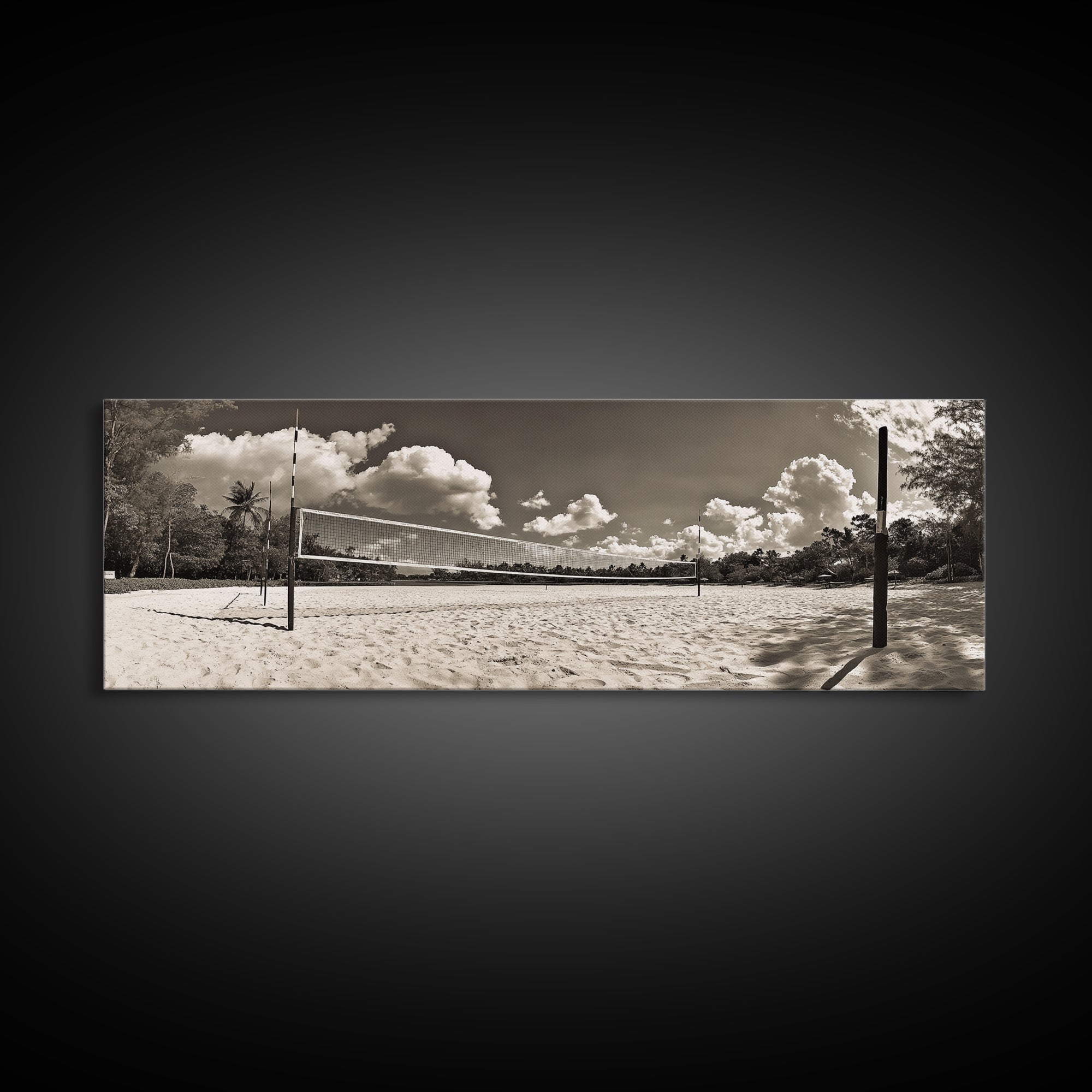 Beach Volleyball, Sand Court, Summer Fun, Tropical Clouds, Framed Canvas Print, Sports Room Wall Art, Coastal Decor, Sepia Beach Art