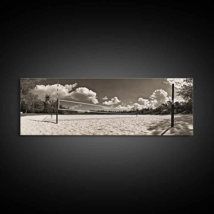 Beach Volleyball, Sand Court, Summer Fun, Tropical Clouds, Framed Canvas Print, Sports Room Wall Art, Coastal Decor, Sepia Beach Art