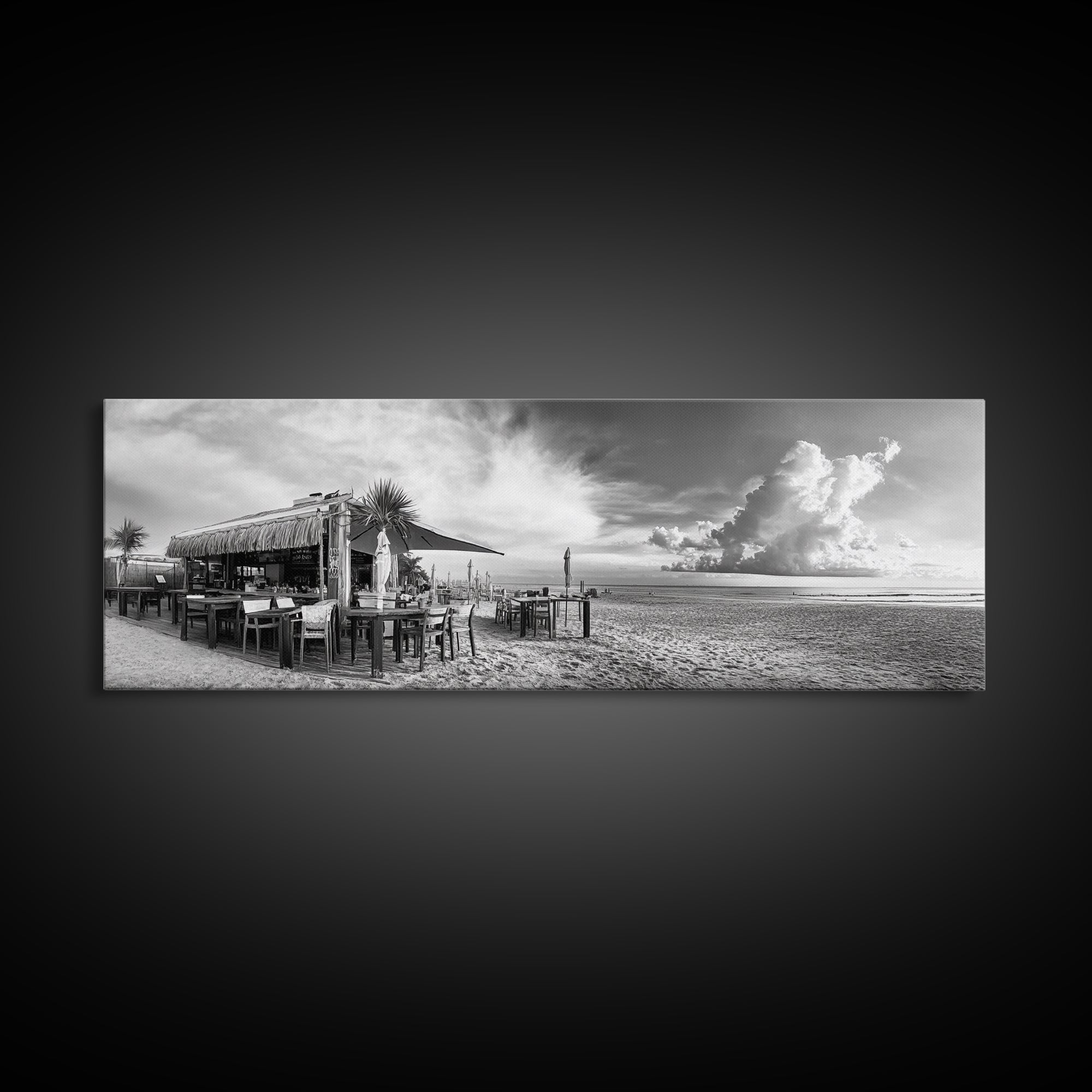 Seaside Bar, Beach Café, Oceanfront Dining, Cloudy Sky, Framed Canvas Print, Kitchen Wall Art, Black and White Tropical Art, Travel Decor