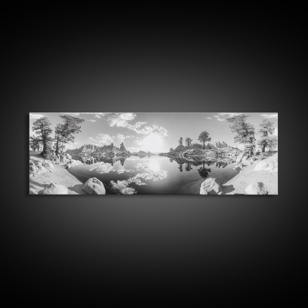 Mountain Reflections, Nature Panorama, Black and White Landscape, Framed Canvas Print, Living Room Wall Art, Modern Wilderness Decor