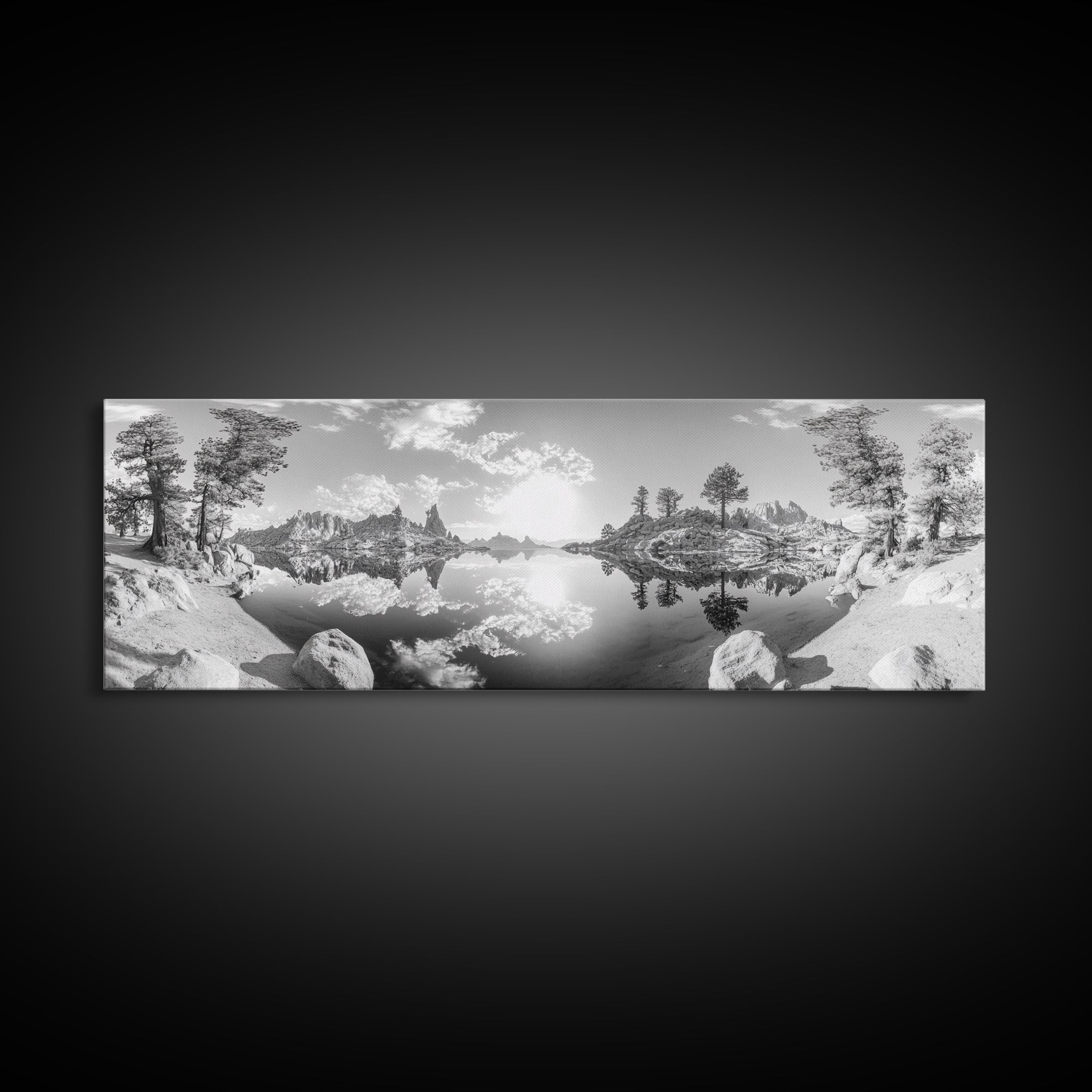 Mountain Reflections, Nature Panorama, Black and White Landscape, Framed Canvas Print, Living Room Wall Art, Modern Wilderness Decor