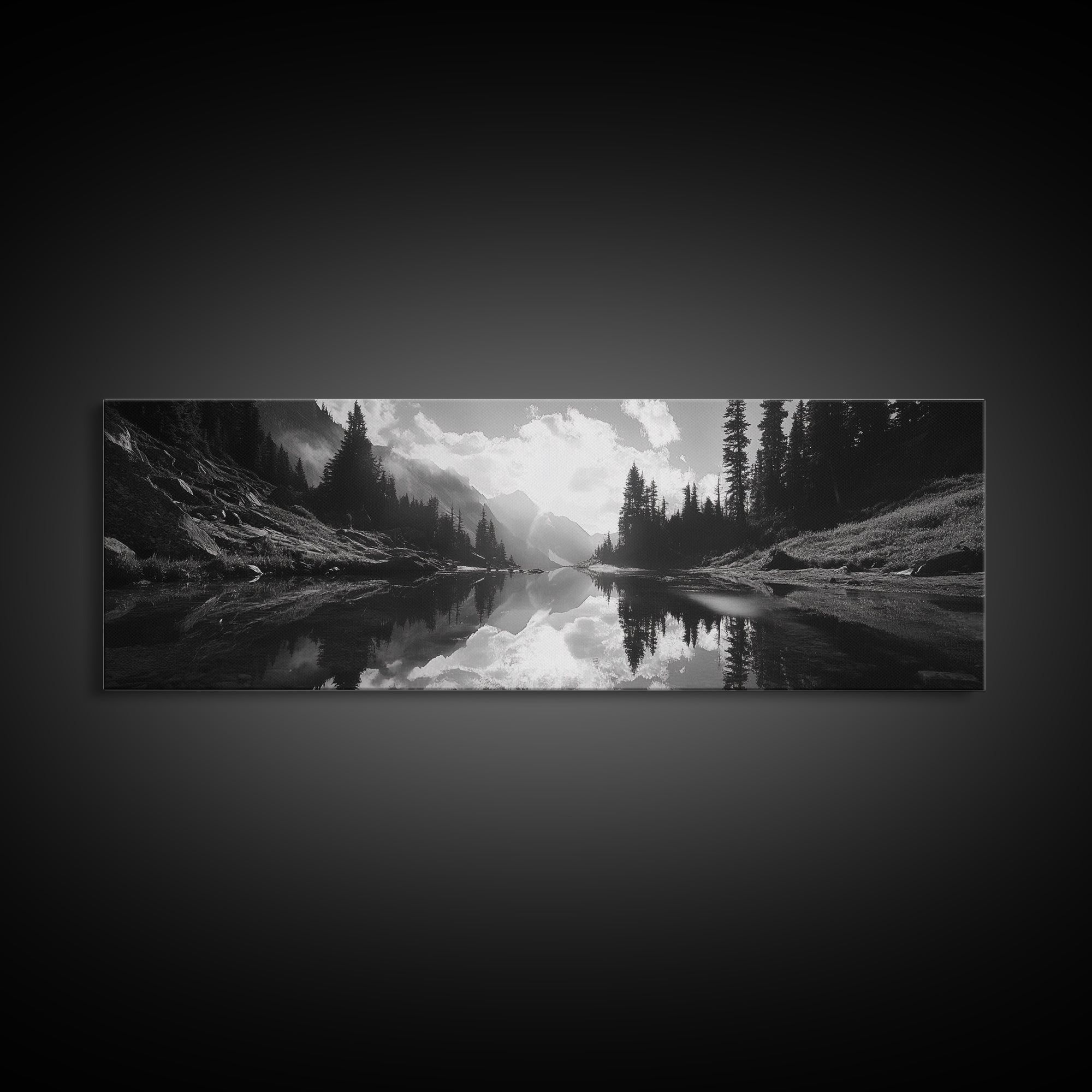 Alpine Lake Scene, Black and White Forest, Serene Mountain Print, Framed Canvas Print, Rustic Wall Art, Cabin Living Room Decor