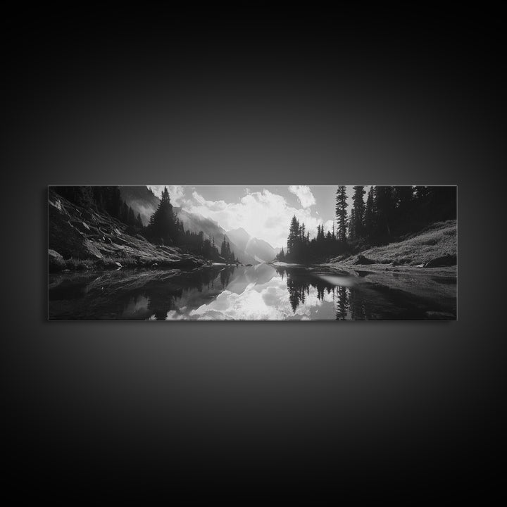 Alpine Lake Scene, Black and White Forest, Serene Mountain Print, Framed Canvas Print, Rustic Wall Art, Cabin Living Room Decor