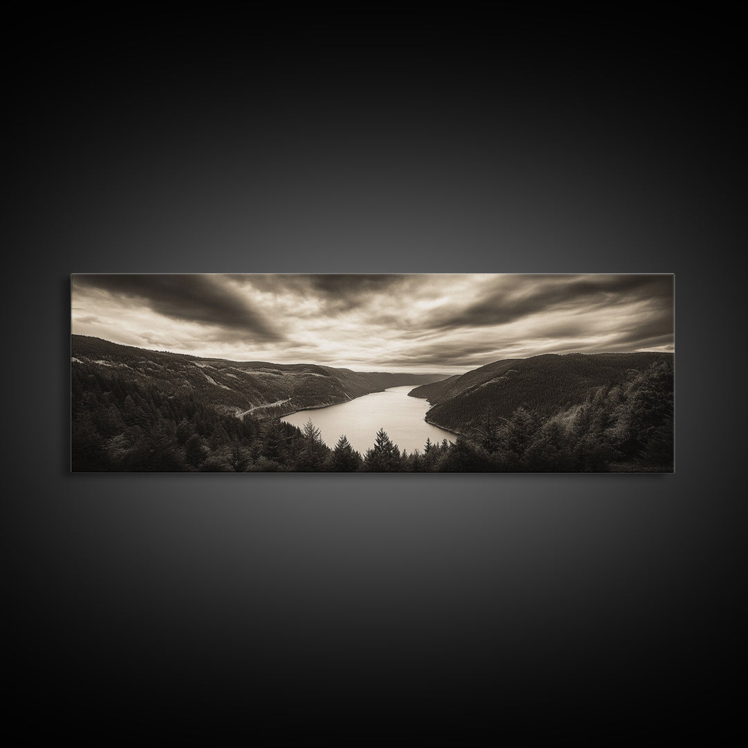 River Valley View, Dramatic Sky, Forest Landscape, Framed Canvas Print, Nature Photography, Entryway Wall Art, Moody Earth Tones