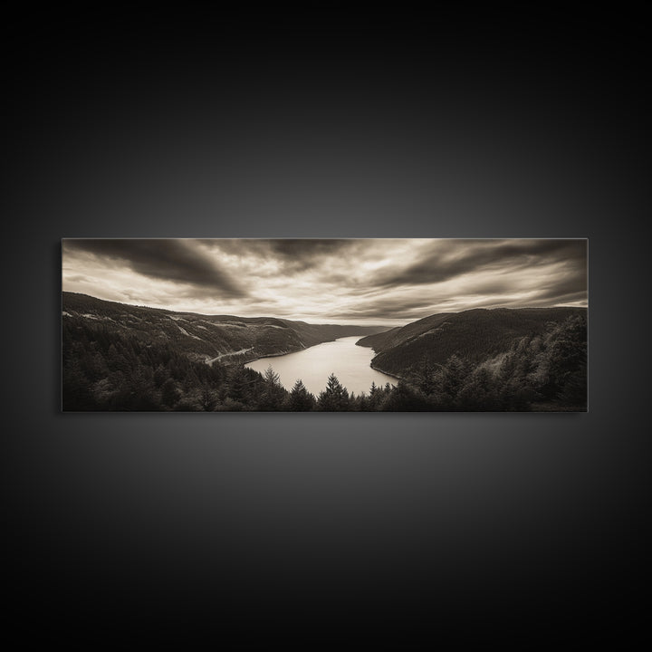River Valley View, Dramatic Sky, Forest Landscape, Framed Canvas Print, Nature Photography, Entryway Wall Art, Moody Earth Tones