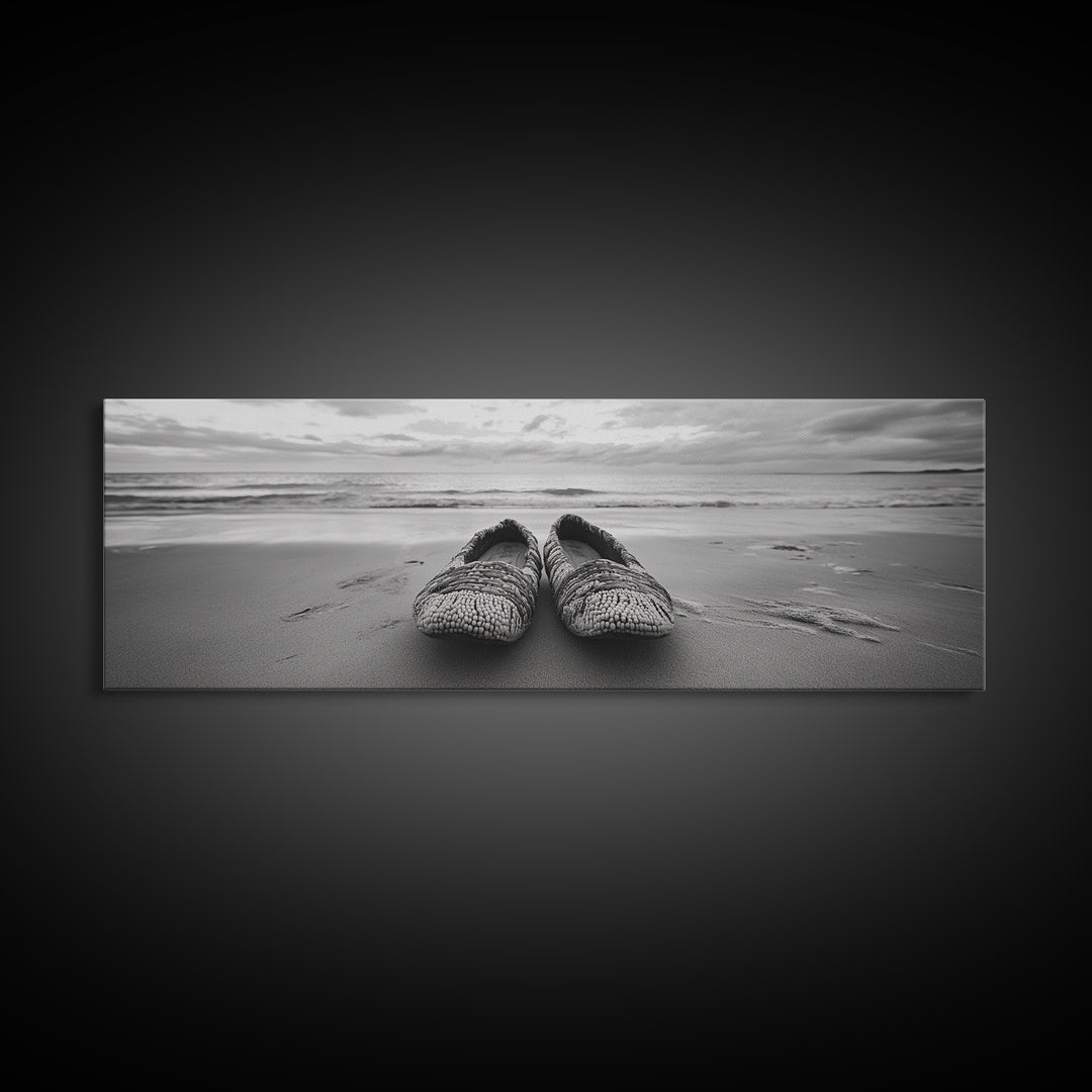 Woven Shoes, Coastal Walk, Ocean Breeze, Boho Style, Framed Canvas Print, Entryway Wall Art, Minimalist Beach Art, Seashore Photography