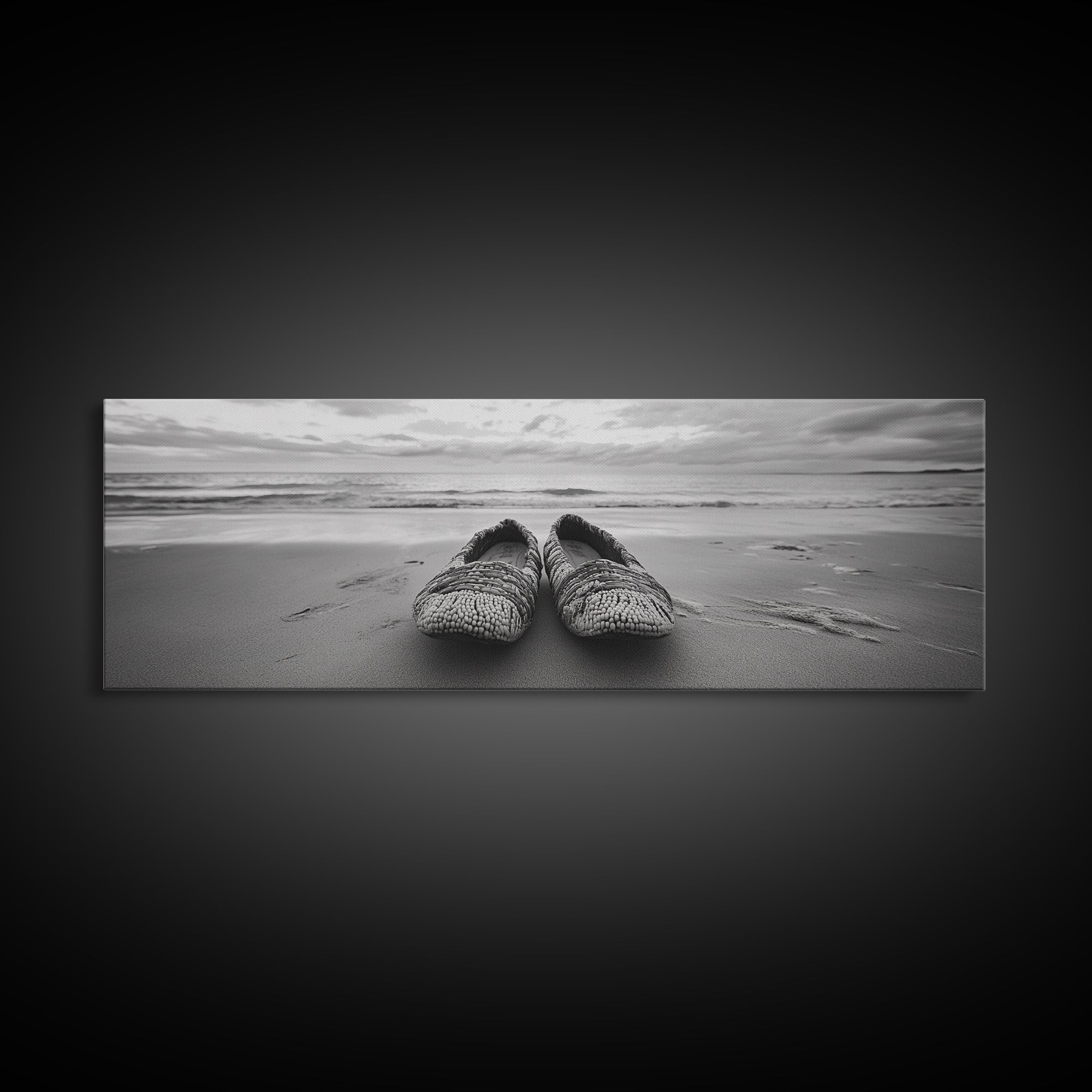 Woven Shoes, Coastal Walk, Ocean Breeze, Boho Style, Framed Canvas Print, Entryway Wall Art, Minimalist Beach Art, Seashore Photography