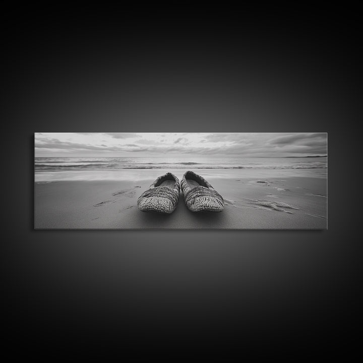 Woven Shoes, Coastal Walk, Ocean Breeze, Boho Style, Framed Canvas Print, Entryway Wall Art, Minimalist Beach Art, Seashore Photography
