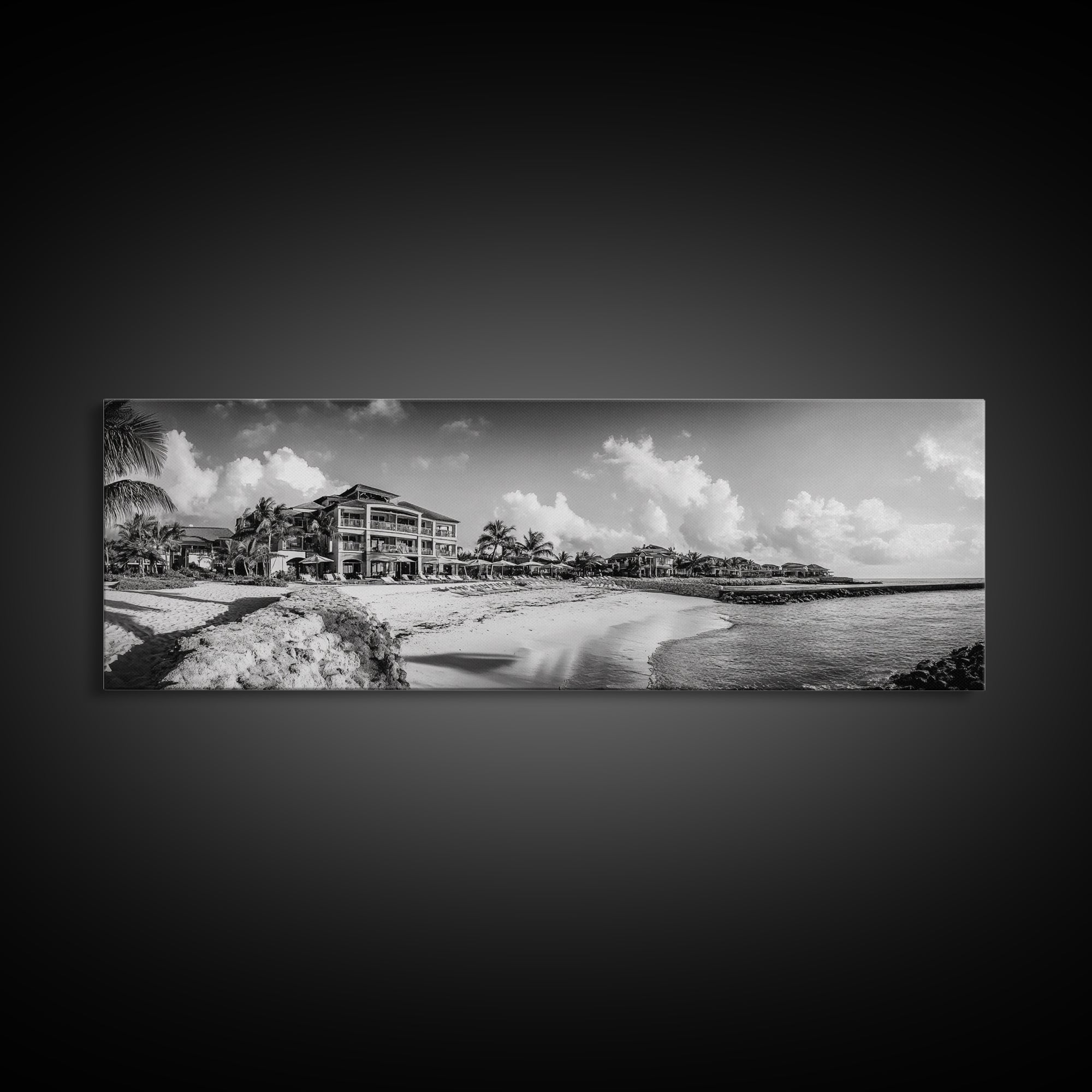 Beach Resort, Tropical Luxury, Oceanfront Hotel Art, Framed Canvas Print, Vacation Vibes, Bedroom Wall Art, Monochrome Decor