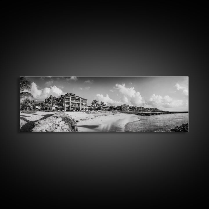 Beach Resort, Tropical Luxury, Oceanfront Hotel Art, Framed Canvas Print, Vacation Vibes, Bedroom Wall Art, Monochrome Decor