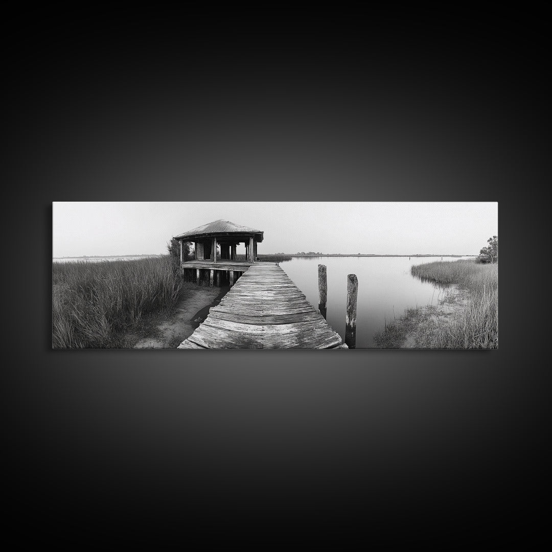 Abandoned Pier, Lakeside Shack, Black and White Marsh, Framed Canvas Print, Rustic Entryway Art, Minimalist Coastal Cabin Decor