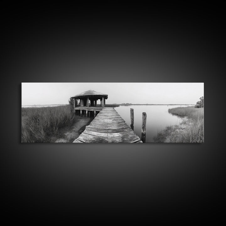 Abandoned Pier, Lakeside Shack, Black and White Marsh, Framed Canvas Print, Rustic Entryway Art, Minimalist Coastal Cabin Decor