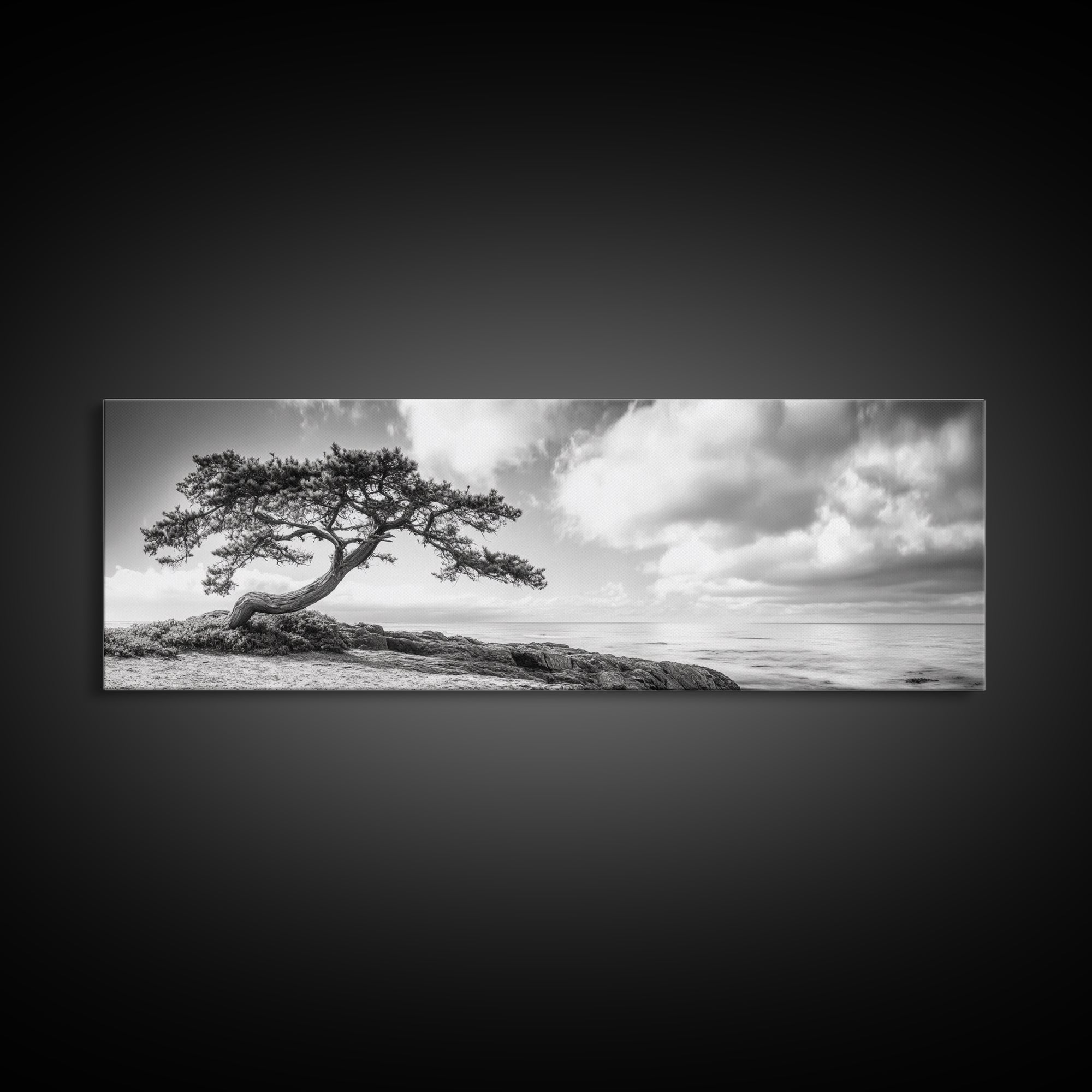 Windswept Tree, Coastal Nature, Ocean Cliff View, Framed Canvas Print, Zen Wall Art, Minimalist Decor, Calm Living Room Accent