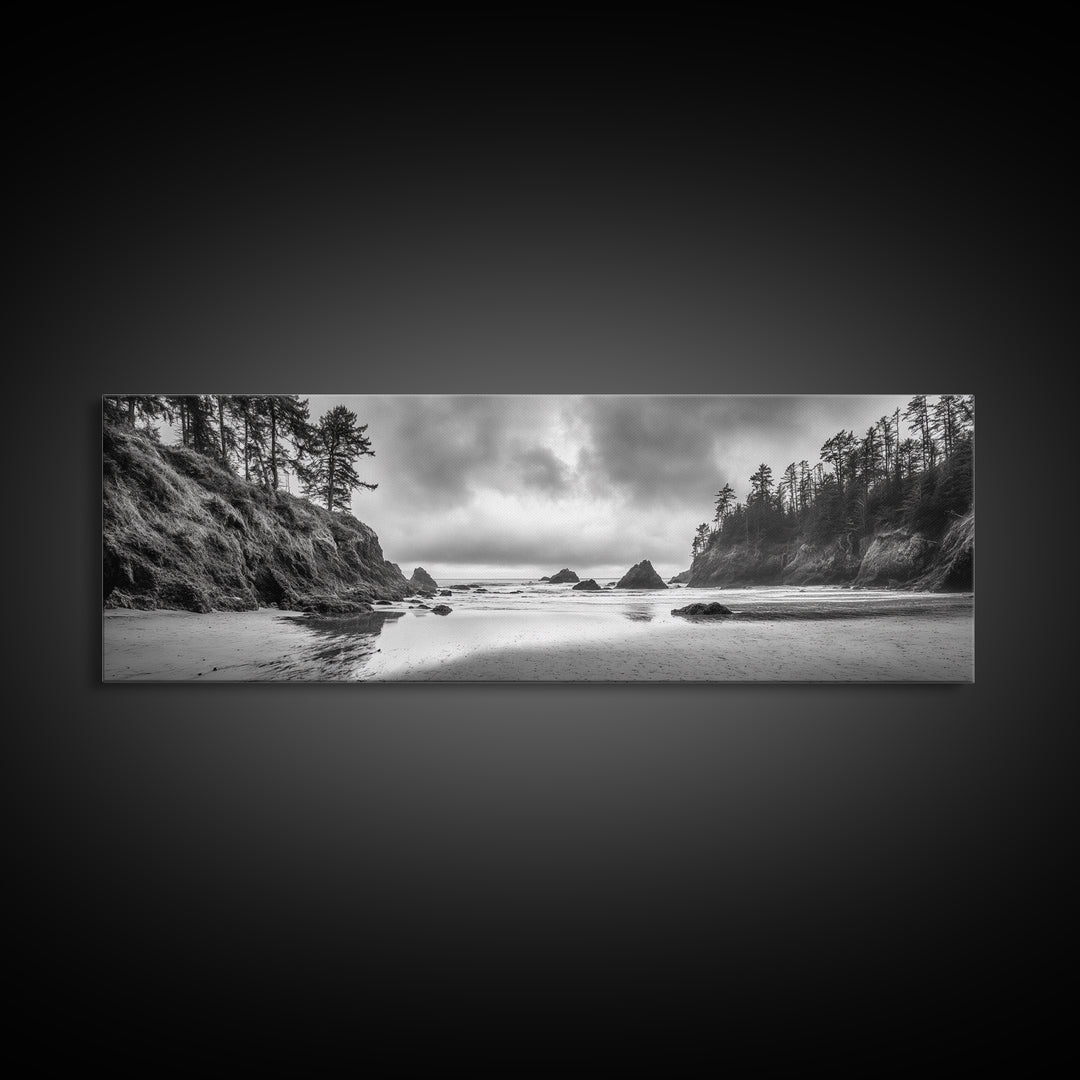 Misty Coastline, Dramatic Shore, Moody Ocean Scene, Framed Canvas Print, Coastal Living Room Art, Black and White Nature Decor