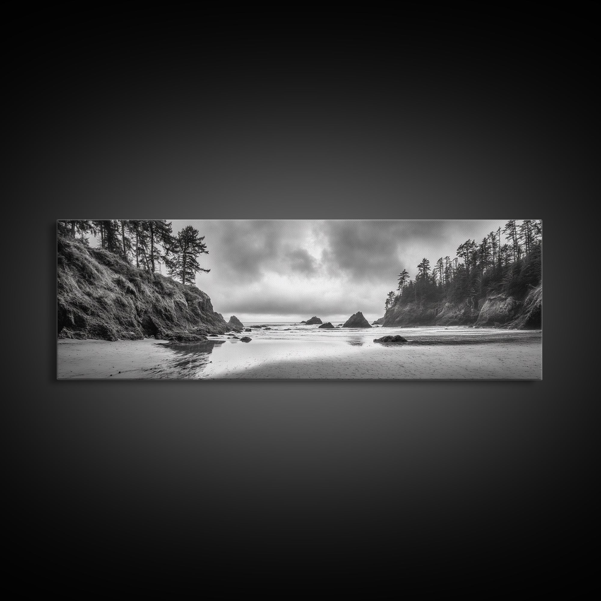 Misty Coastline, Dramatic Shore, Moody Ocean Scene, Framed Canvas Print, Coastal Living Room Art, Black and White Nature Decor