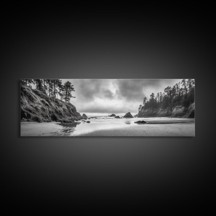 Misty Coastline, Dramatic Shore, Moody Ocean Scene, Framed Canvas Print, Coastal Living Room Art, Black and White Nature Decor