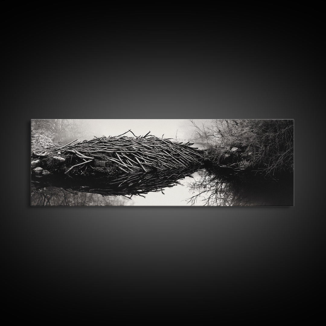Beaver Dam, Nature Structure, Quiet Creek, Reflection Art, Framed Canvas Print, Cabin Wall Art, Rustic Decor, Woodland Black and White Art