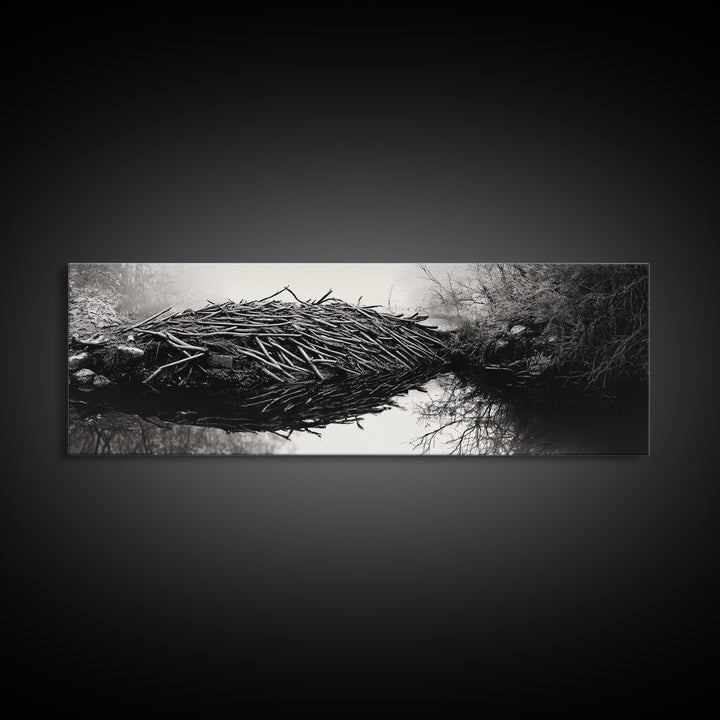 Beaver Dam, Nature Structure, Quiet Creek, Reflection Art, Framed Canvas Print, Cabin Wall Art, Rustic Decor, Woodland Black and White Art