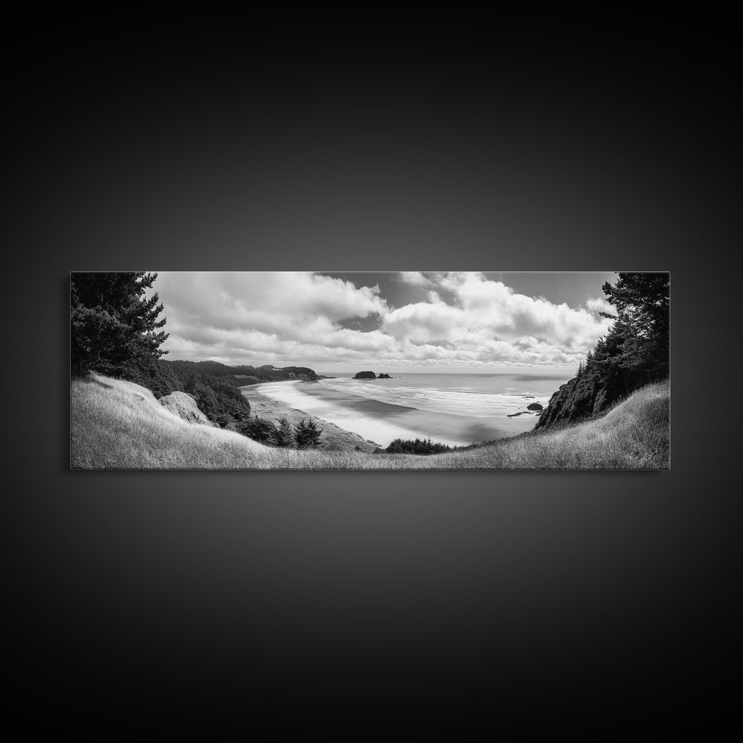 Ocean Bluff View, Seaside Hills, Coastal Forest Horizon, Framed Canvas Print, Nature Landscape Art, Living Room or Office Decor