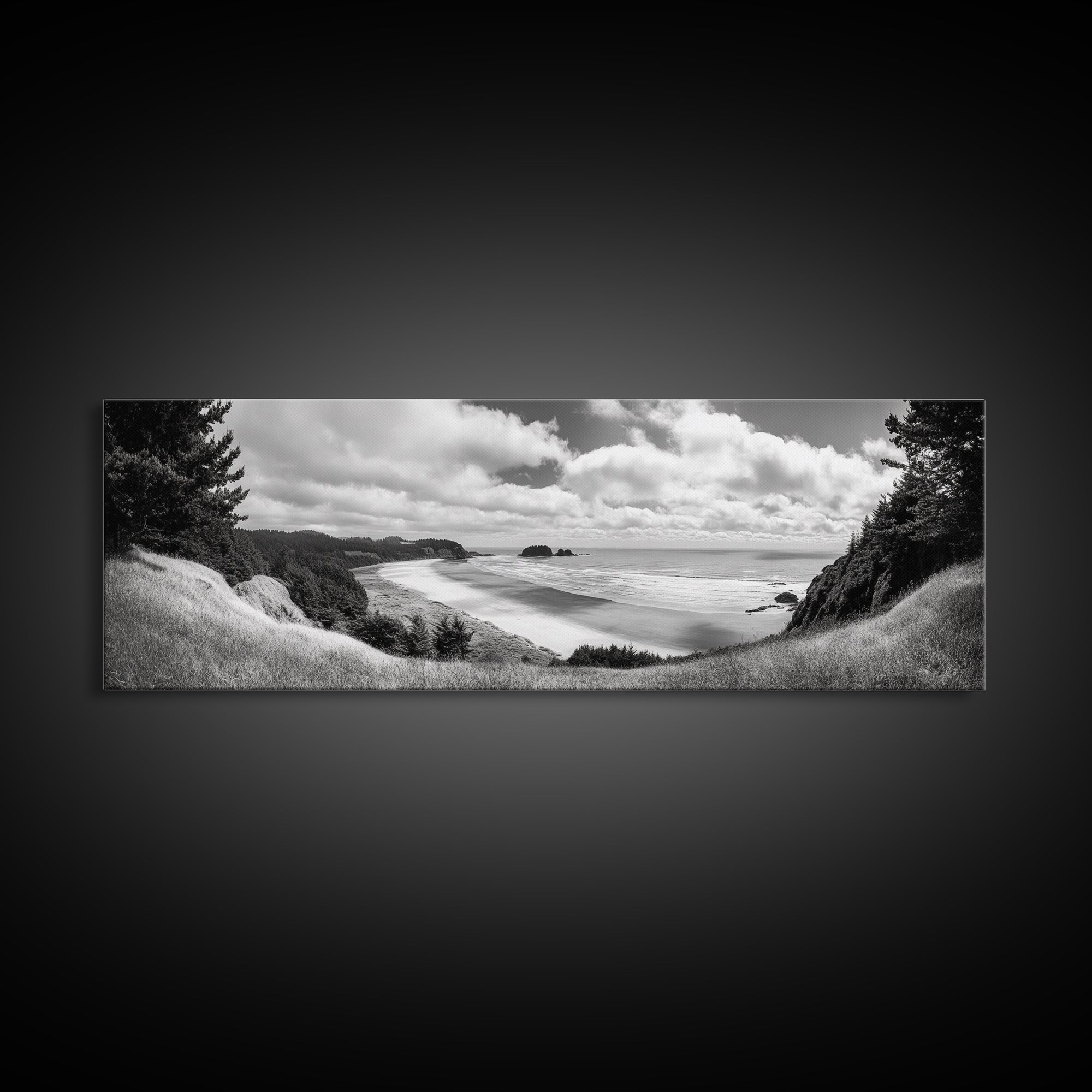 Ocean Bluff View, Seaside Hills, Coastal Forest Horizon, Framed Canvas Print, Nature Landscape Art, Living Room or Office Decor