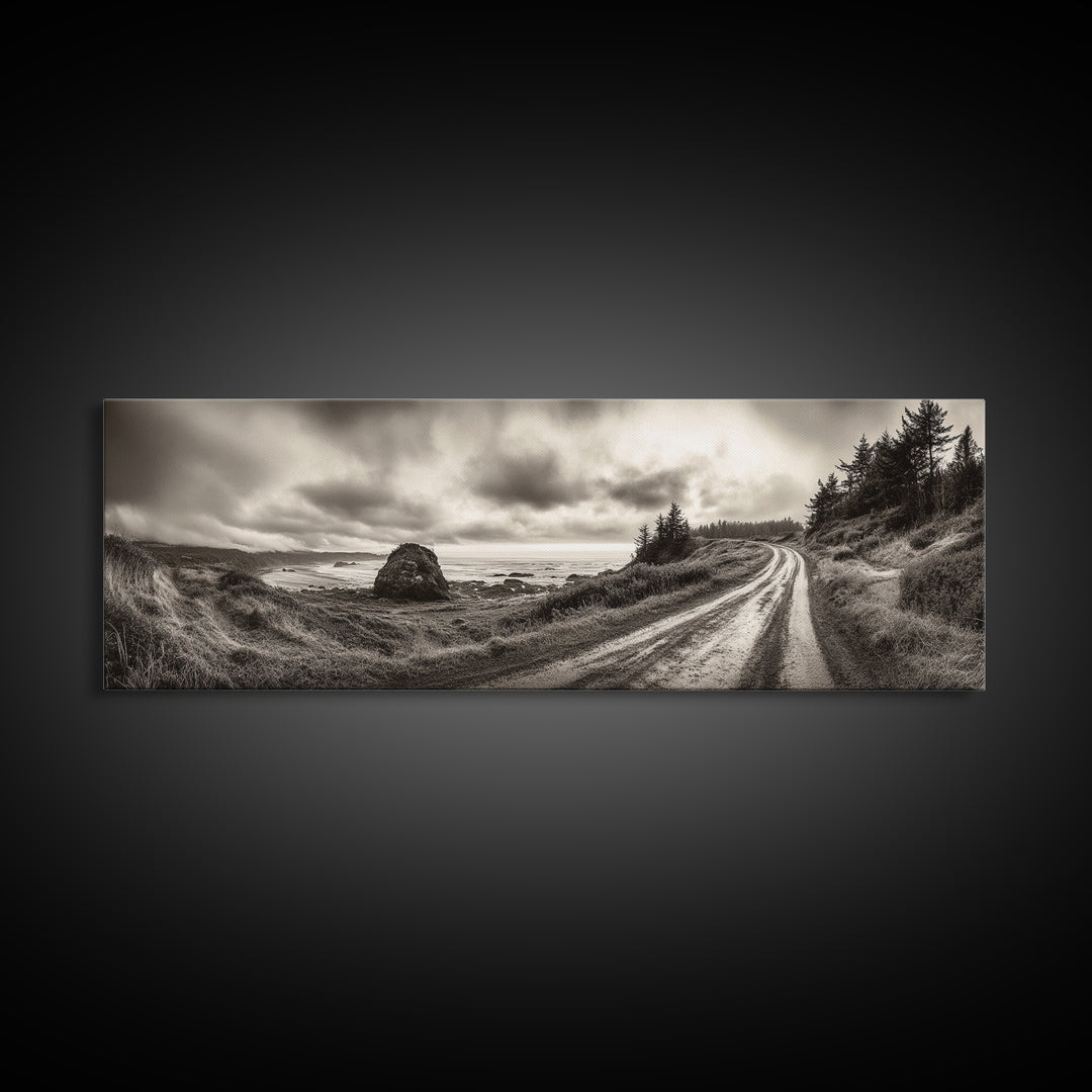 Coastal Road Journey, Overcast Ocean View, Scenic Drive Art, Framed Canvas Print, Fall Landscape Wall Art, Nature Lover, Living Room Decor