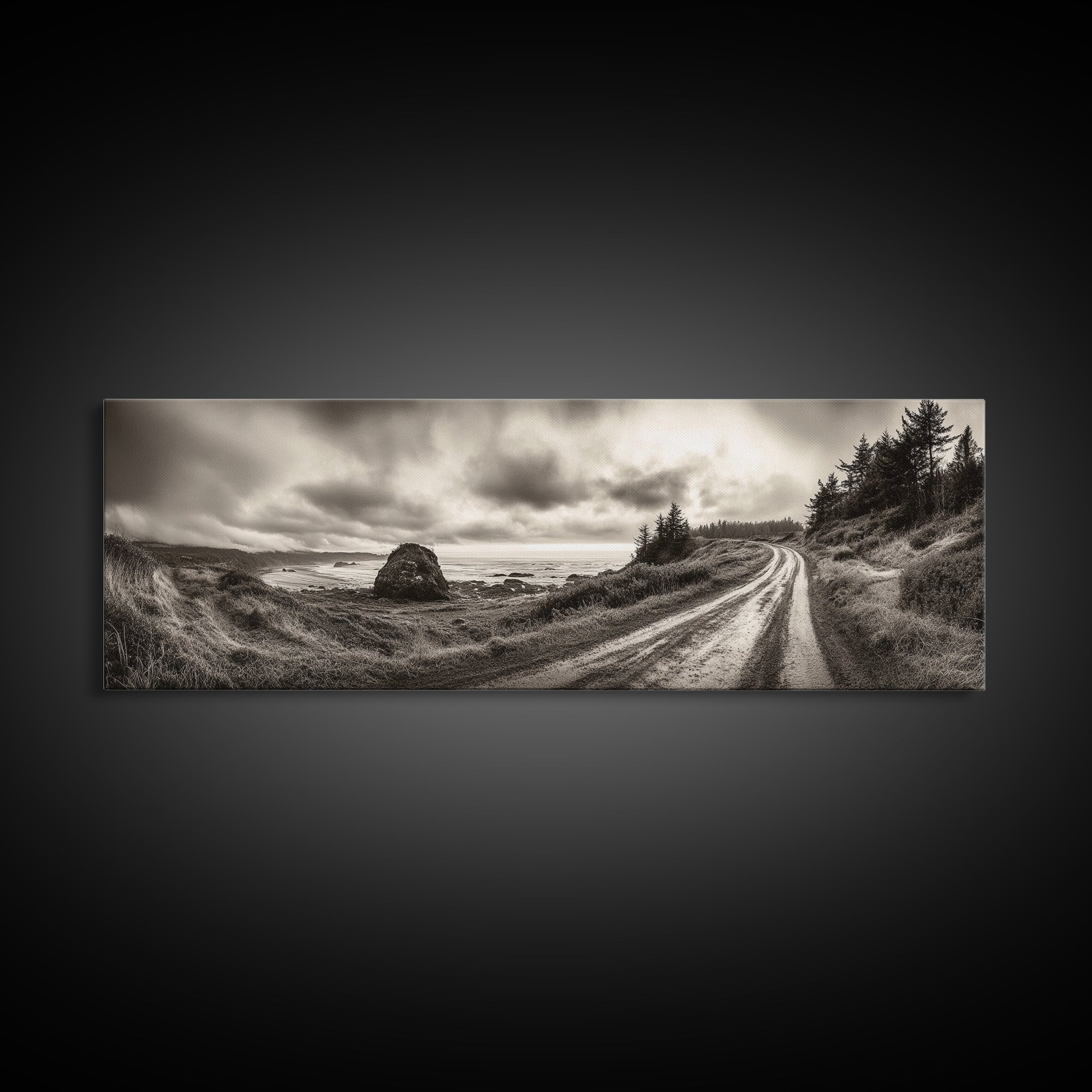 Coastal Road Journey, Overcast Ocean View, Scenic Drive Art, Framed Canvas Print, Fall Landscape Wall Art, Nature Lover, Living Room Decor