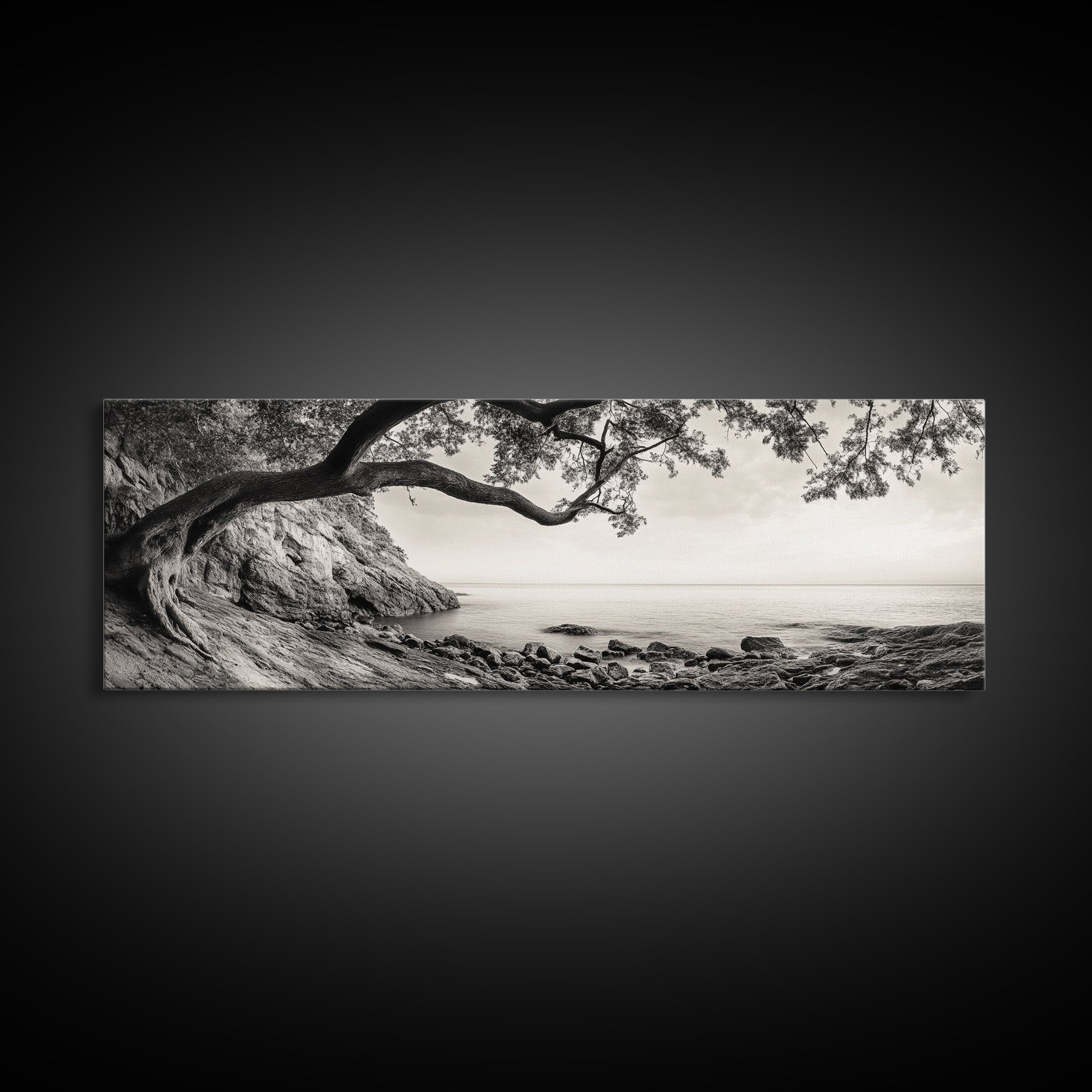 Tree By The Sea, Ocean Cliff, Black And White Nature, Framed Canvas Print, Coastal Wall Decor, Minimalist Art, Tranquil Bedroom Print