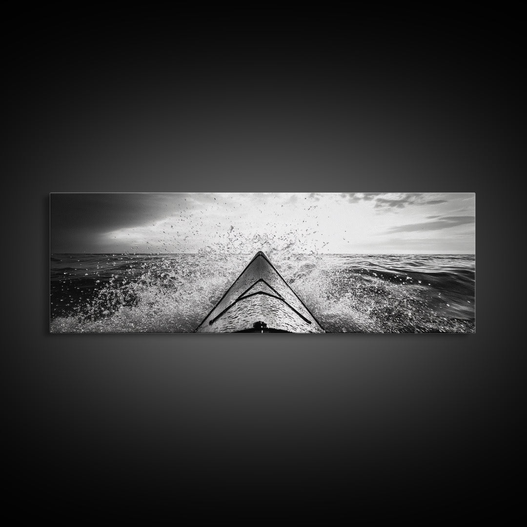 Ocean Kayak Splash, Adventure Wall Art, Ocean Motion, Black And White Canvas Print, Modern Decor, Nautical Style, Sports Lover Gift