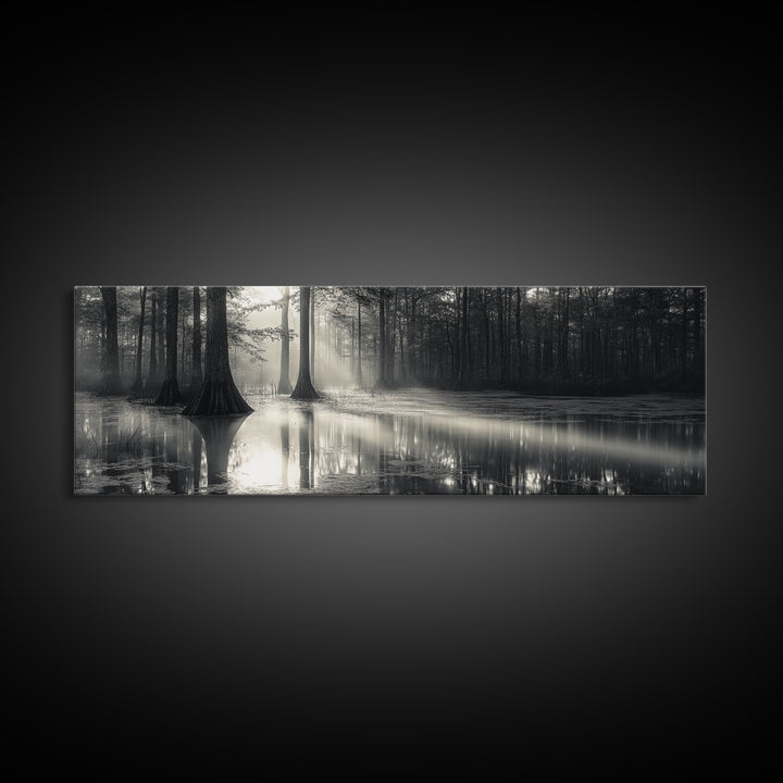 Cypress Swamp, Foggy Forest, Morning Light, Still Waters, Framed Canvas Print, Nature Wall Art, Autumn Decor, Moody Forest Photography